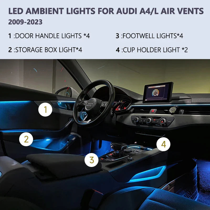 LED Ambient Lights For Audi A4 A4L 2009-2023 Models 64 Colors Rainbow Atmosphere Lamps APP/ Car Play/Car Radio Control