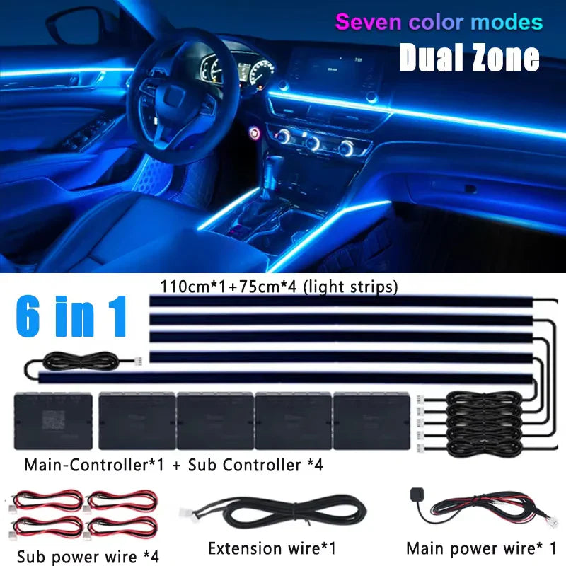 6/10/14/18/22 in 1 Led Car Hidden Ambient Light Symphony RGB 64 Color Bluetooth APP Interior Acrylic Matt Black Strip Backlight