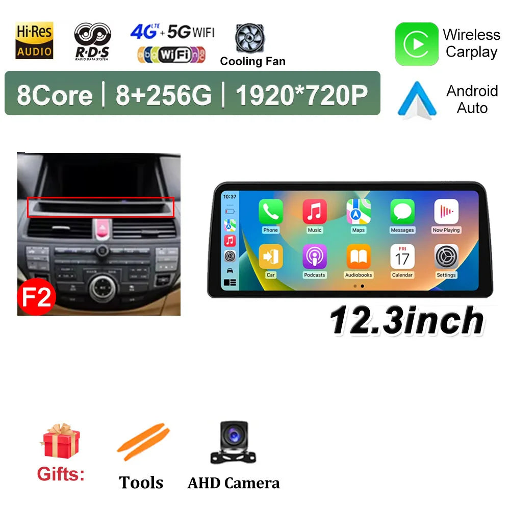12.3 inch Android 14 for Honda Accord 8 2008 2009 - 2013 Car Multimedia Radio Player Wireless Carplay Monitor GPS Navigation BT