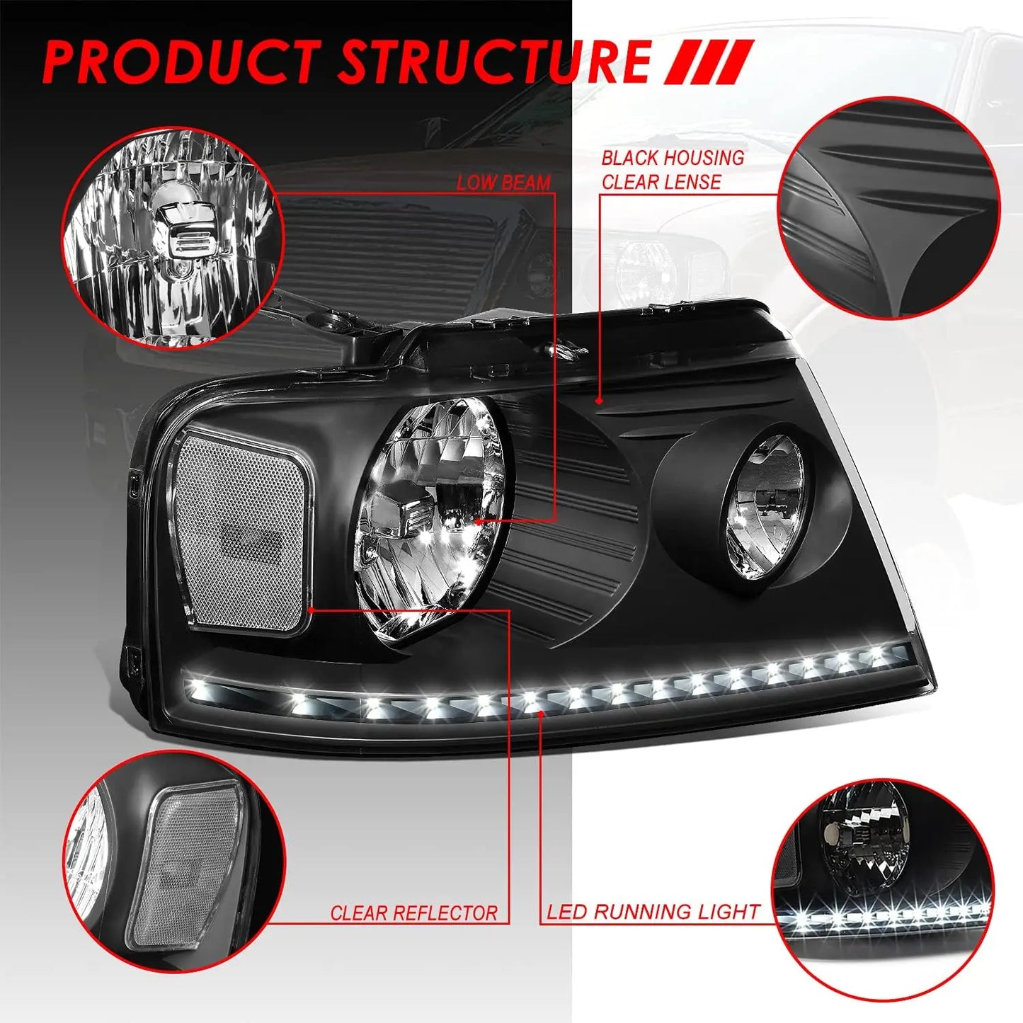 LED DRL Headlights Assembly Compatible with 2004-2008 Ford F-150 Lincoln Mark LT, Driver and Passenger Side Halogen Headlamps w/