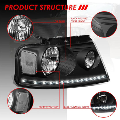 LED DRL Headlights Assembly Compatible with 2004-2008 Ford F-150 Lincoln Mark LT, Driver and Passenger Side Halogen Headlamps w/