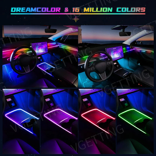18in1 Car LED Ambient Lights Full Color Streamer Multicolour Interior Acrylic Strip Atmosphere Light APP Control RGB 64 Color