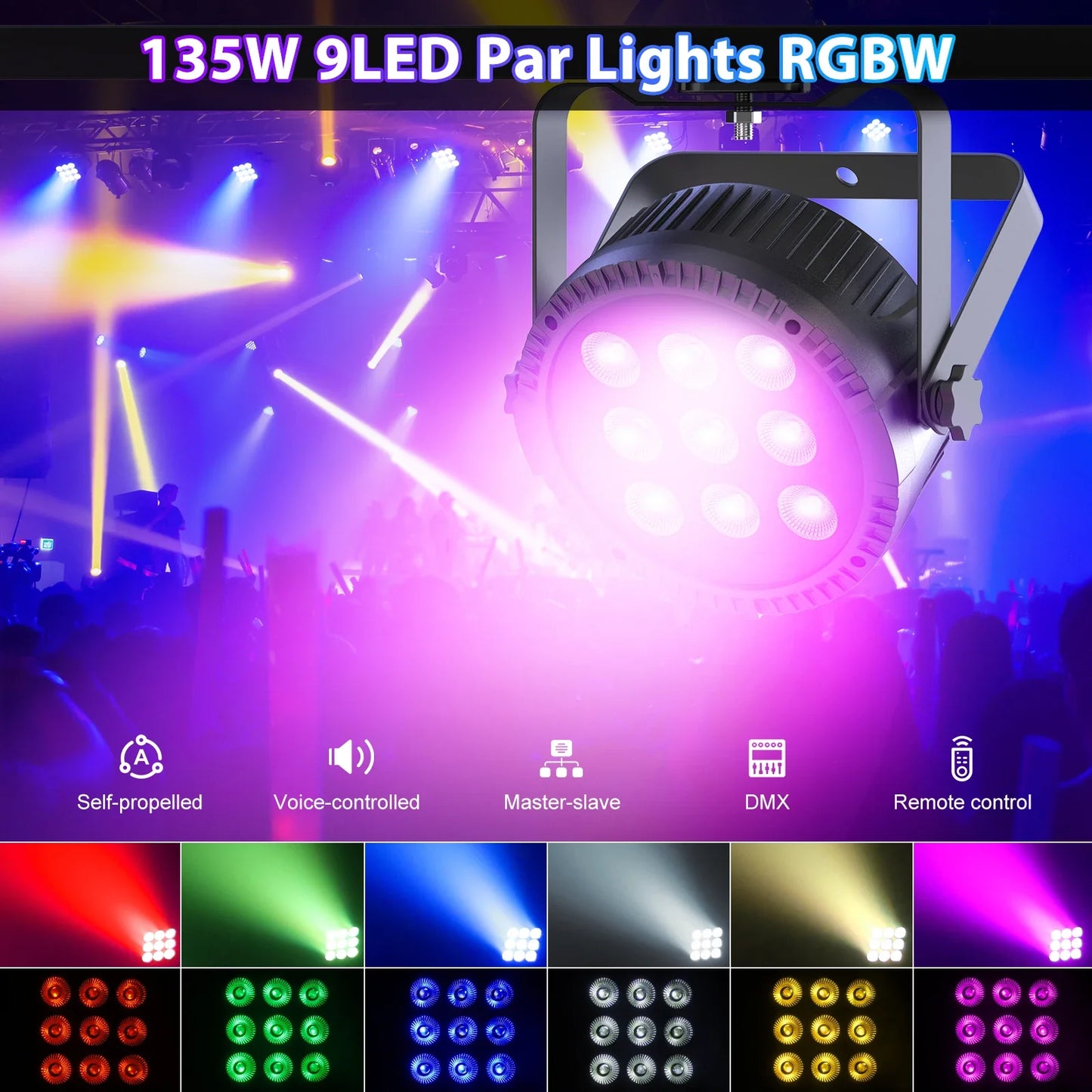 Yiflamefly 4Pcs 4 in 1 RGBW 9 LED Par Light With Remote Control DMX512 Sound Activated Control For DJ Party Halloween Christmas