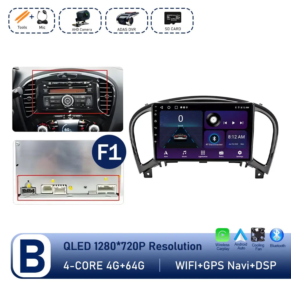 Carplay Android OS for Nissan Juke YF15 2010 - 2014 QLED Touch Screen 9 '' Car Radio Stereo Player GPS Navigation WiFi Head Unit