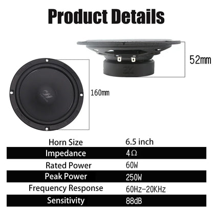 6.5 Inch Two Way Speaker Car Speaker Set 4 Ohms RMS 60W MAX 250W High Quality Car Audio Universal Modification Car Speaker Kit