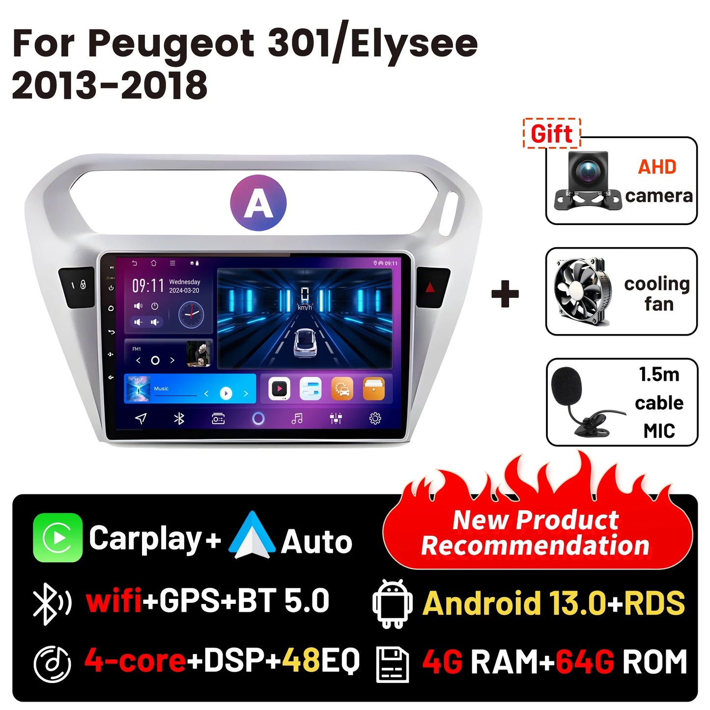 Wireless CarPlay Android Auto Car Bluetooth Radio For Peugeot 301 Citroen Elysee 2013-2018 2Din Android 14 DSP GPS FM Autoradio