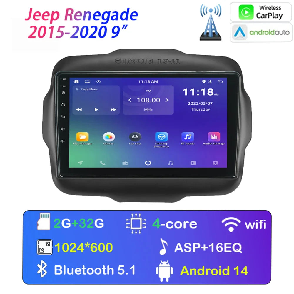 [MTIJIEY] 6+128G Car Radio for Jeep Renegade 2015-2020 Android Auto Carplay GPS Stereo Multimedia Player Wifi BT FM/ RDS DSP SWC