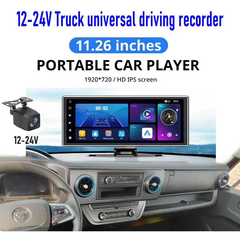 Truck 12-24V 11.26" Reversing Image Universal Dash Recorder Wireless Carplay BT Multimedia Player
