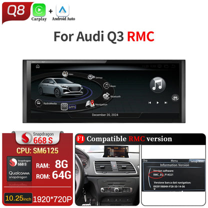 10.25 inch Android 14 For Audi Q3 2011-2018 Car Radio Wireless Bluetooth Carplay Qualcomm Snapdragon 680 Head Unit Touch Screen