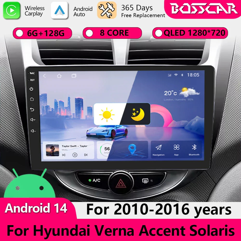 BOSSCAR 9" Car Radio For Hyundai Verna Accent Solaris 2010-2016 2Din Android Car Stereo DVD GPS Navigation Player QLED Carplay