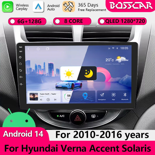 BOSSCAR 9" Car Radio For Hyundai Verna Accent Solaris 2010-2016 2Din Android Car Stereo DVD GPS Navigation Player QLED Carplay