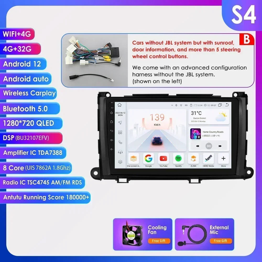 Hizpo For Toyota Sienna XL30 2010-2014 Car Radio Multimedia Video Player Navigation Stereo GPS Android Auto Carplay 8G+128GB RDS
