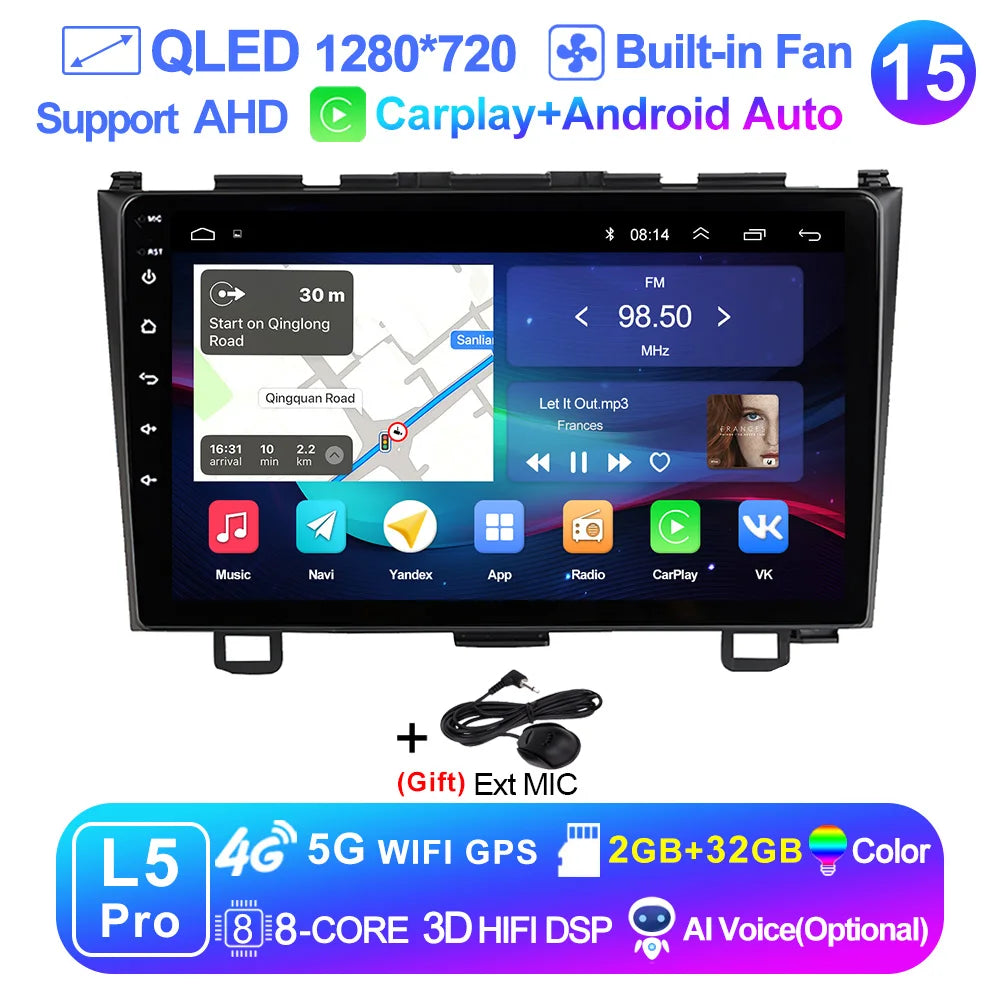 LEHX Pro 5G WIFI 8 Core Android 14 2 Din Autoradio Car Radio Multimedia Player For Honda CRV CR-V 2006-2011 Carplay gps dvd QLED