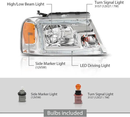 LED DRL Headlights Left& Right Halogen Compatible with Ford F150 2004-2008, Fit Lincoln Mark LT 2006-2008, Clear Lens Chrome Hou