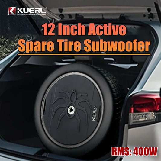 Car Spare Tire 12 Inch Active High Power Rated 400W Subwoofer Amplifier Car Audio Upgrade Installation In The Trunk Of The Car