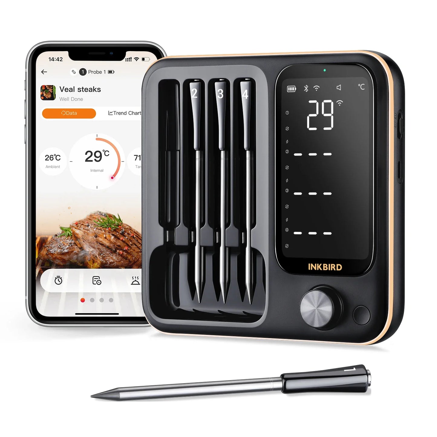 INKBIRD Three-Mode Wireless Meat Thermometer INT-14-BW Smart WiFi Bluetooth Food Thermometer IP67&4 Probes for BBQ, Grill, Oven power tools