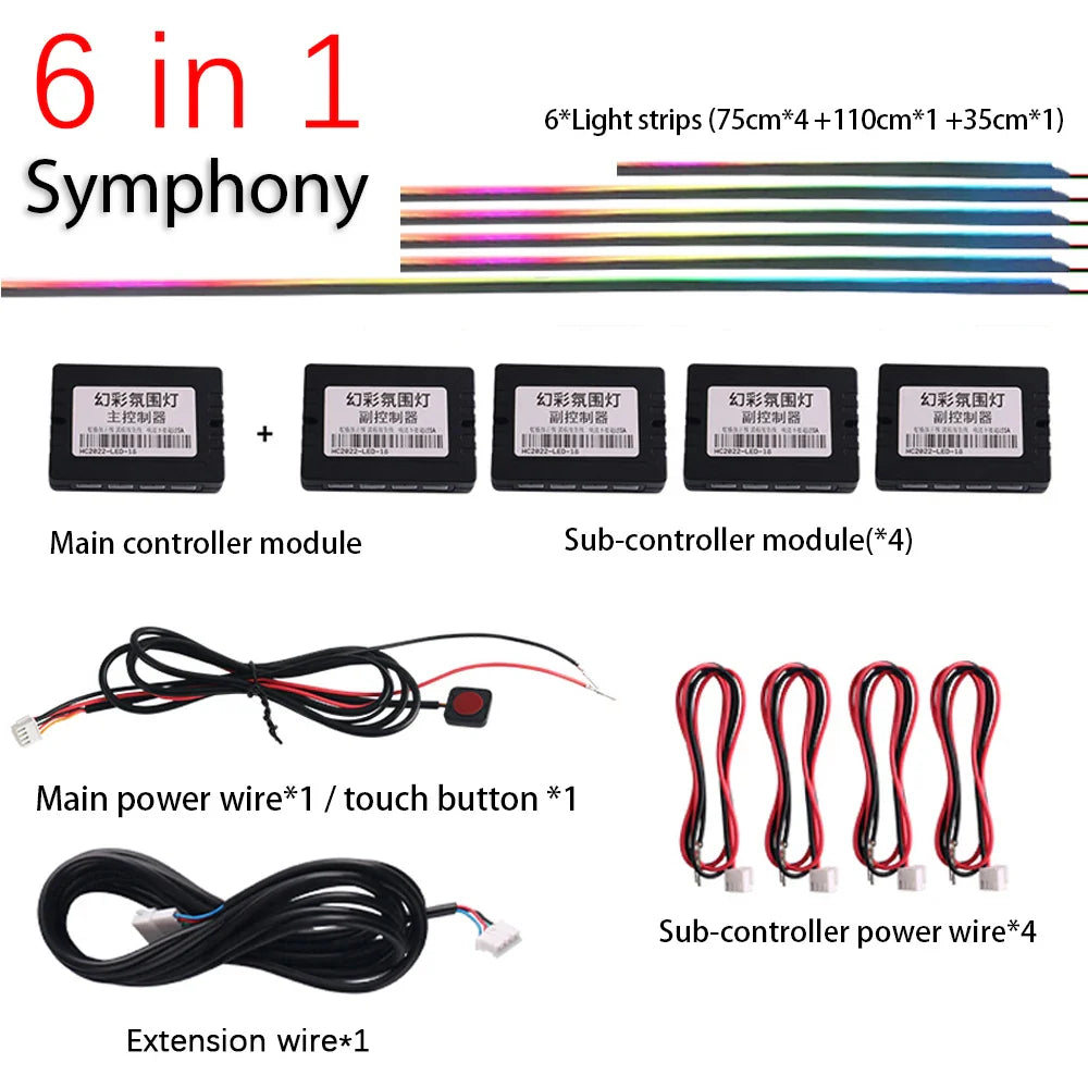 18 22 in 1 Car LED Ambient Light Symphony Rainbow Streamer Interior Acrylic Strip RGB 64 Color Neon Atmosphere Light App Control