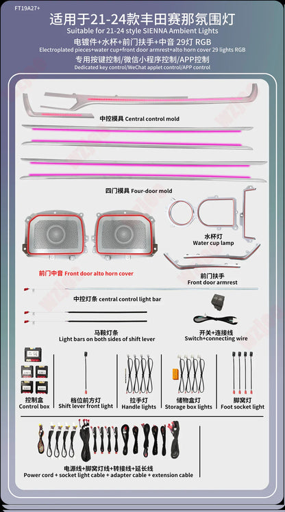 Car Ambient Light Fit for Toyota Sienna 2021-2024 Active Flow Led Car Rear Door Outline Light Lamp 64 Colors Ambient Light