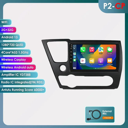 Hizpo For Honda Civic 9 2013 2014 2015 2016 Android 13 Carplay Car Radio Multimedia Video Player GPS Navigation 2 Din Autoradio