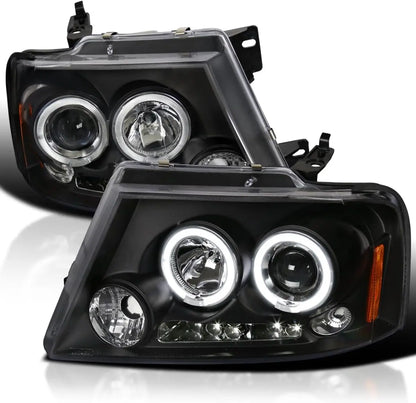 Halo Projector LED Headlights Glossy Black Housing Smoke  Compatible with Lincoln Mark LT, Left + Right Pair Headlamps Assembly