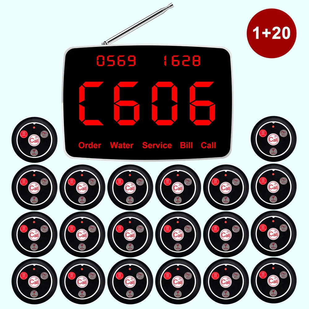 Wireless Waiter pager System Restaurant Smart Voice Broadcast 20 Call Buttons for Bar, Office, Cafe, and Customer Service Bell