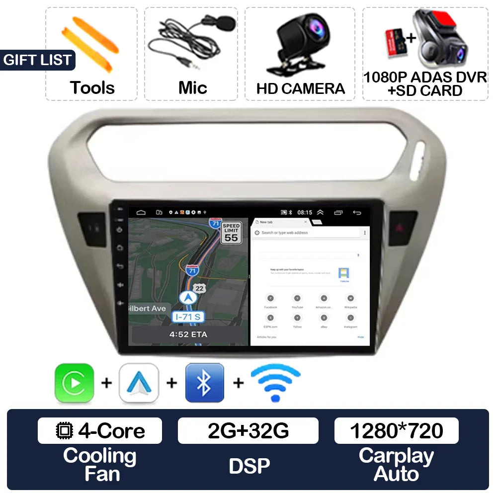 Android 15 Car Radio For Peugeot 301 Citroen Elysee 2013 - 2018 Qualcomm Multimedia Viedo Player NAVI GPS 4G WIFI Head Unit QLED