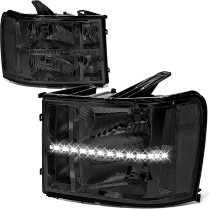 LED DRL Headlights Assembly Compatible with GMC Sierra Driver and Passenger Side, Smoked Lens Clear Corner