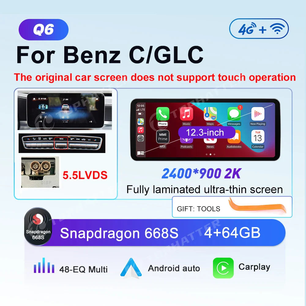 12.8" 2K Car Radio For Mercedes Benz C X253 W205 X254 W206 GLC C180 C200 C300 GLC250 GLC300 Android Auto Player Head Unit Screen
