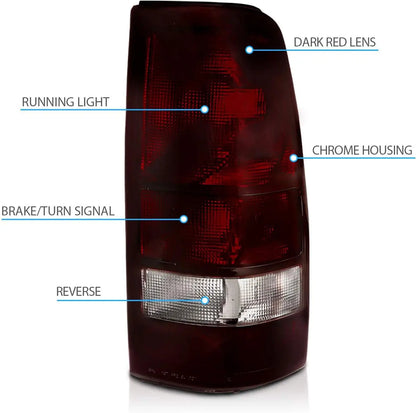 for 1999-2002 Chevy Silverado | 99-2006 GMC Sierra Truck Smoke Red Replacement Brake Tail Lights Pair - Passenger and Driver Sid