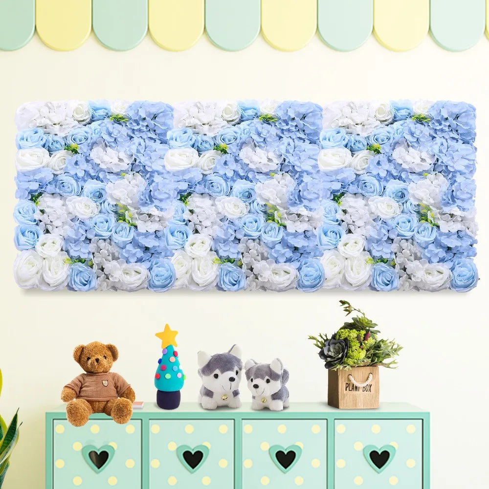 Artificial Flower Wall Panel 4 Pcs White Silk Rose Blue Hydrangea Flower Wall Mat Fake Flower Wall Backdrop for Party