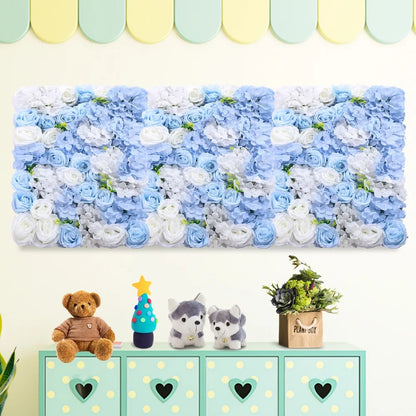Artificial Flower Wall Panel 4 Pcs White Silk Rose Blue Hydrangea Flower Wall Mat Fake Flower Wall Backdrop for Party