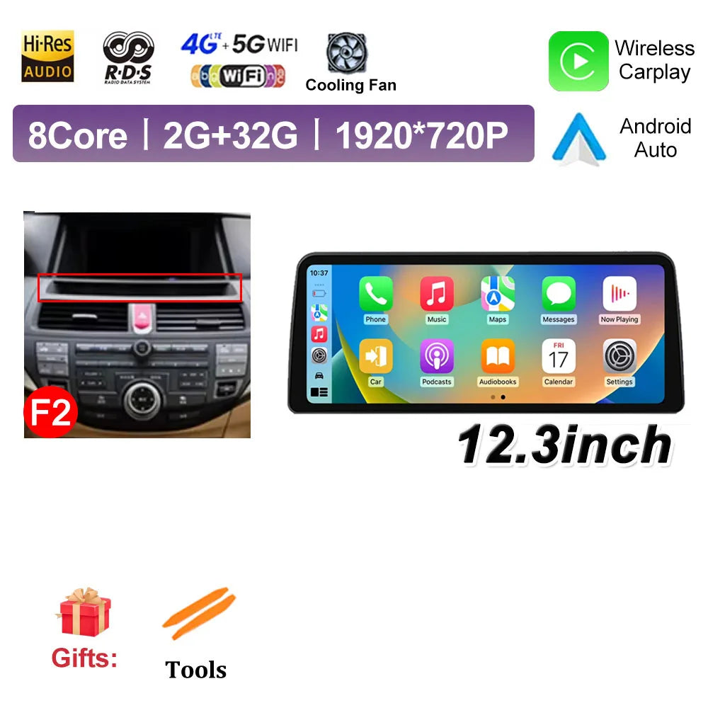 12.3 inch Android 14 for Honda Accord 8 2008 2009 - 2013 Car Multimedia Radio Player Wireless Carplay Monitor GPS Navigation BT