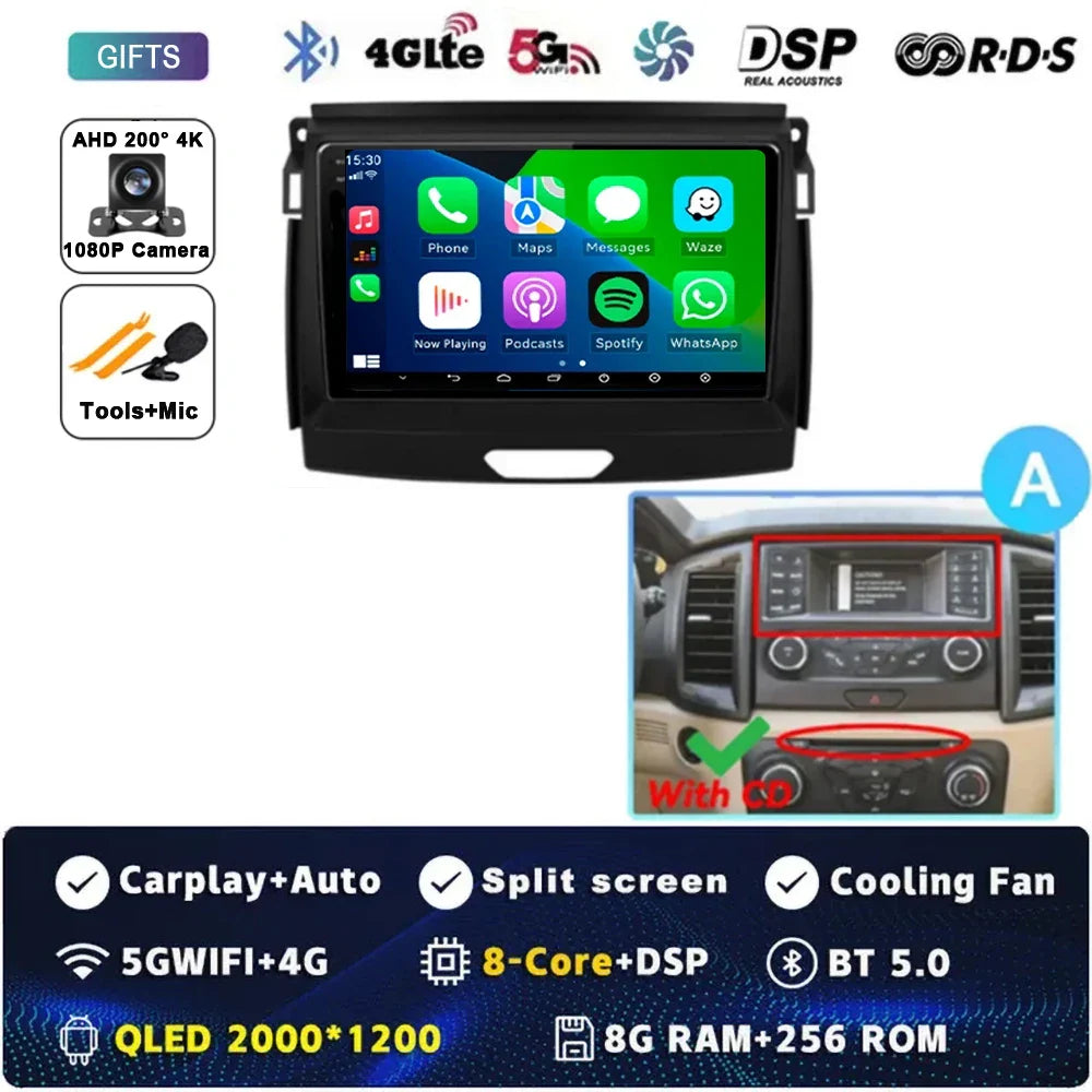 Android 15 Car Radio Stereo QLED Screen For Ford Ranger 2015 2016 2017 2018 2019-2022 GPS Multimedia Carplay Autoradio Head unit