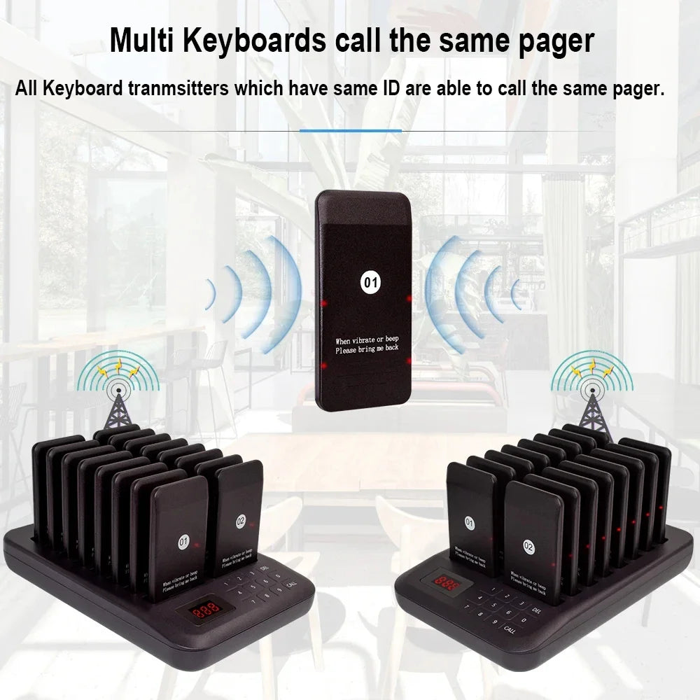 Improve service efficiency with this wireless guest paging system. Includes 16 coaster buzzers with vibration, beep, flash, and LED display, plus 1 keypad transmitter.