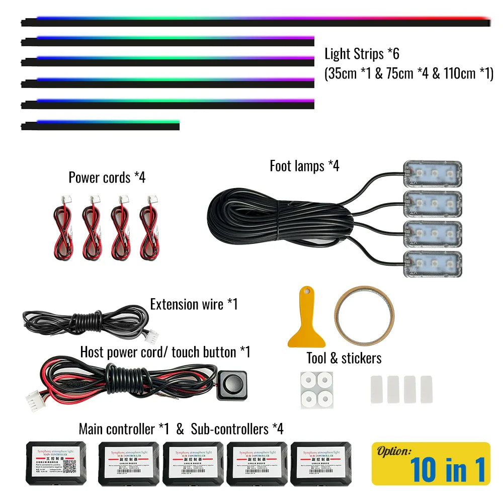 14 in 1 Dual Zone Symphony LED Car Ambient Lights RGB 64 Colors Interior Rainbow Acrylic Strip Neon Atmosphere Lighting Kit App