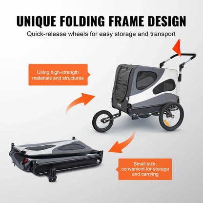 VEVOR 100lbs Dog Bike Trailer 2-in-1 Pet Stroller Cart Bicycle Carrier Folding Cart Frame with Wheels Reflectors Flag for Dogs