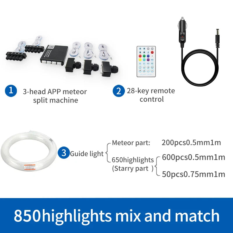 12V Car Starry Sky Roof Fiber Optic Branch Machine Meteor App Bluetooth Colorful Flashing Ceiling Modified Light Source Skylight Car Atmosphere Starry Sky Light