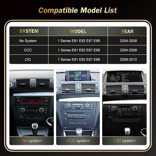 RoadTop Wireless CarPlay Android Auto For BMW Series 1 E81 E82 E87 E88 CCC CIC System Multimedia Display Screen