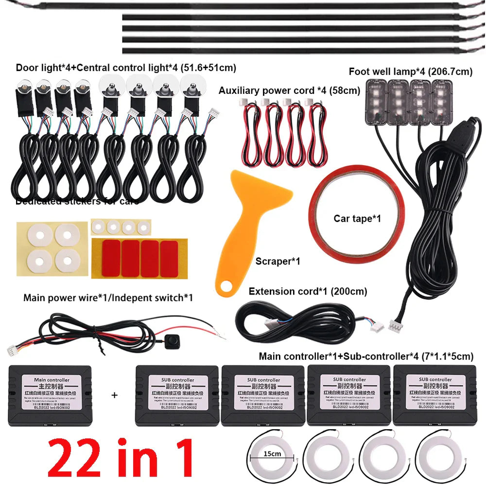 18 / 22 In 1 Streamer Car Ambient Lights RGB 213 64 Color LED Interior Rainbow Acrylic Strip Symphony Remote Atmosphere Lamp Kit