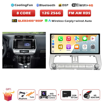 12.3" Android 14 Auto Car Radio Multimedia Player For Toyota Land Cruiser Prado 150 2018-2023 Navigation GPS Carplay Head Unit
