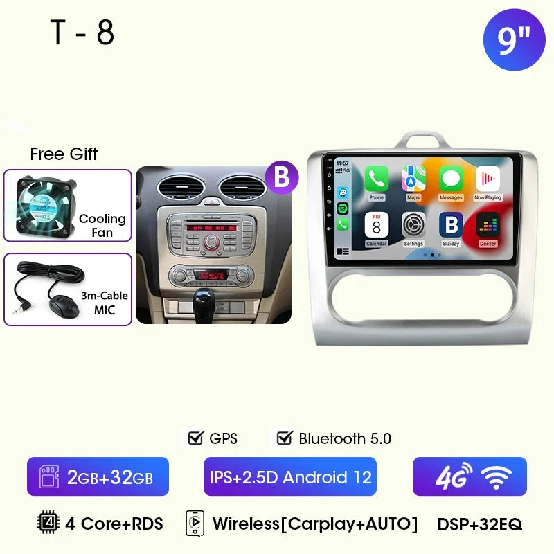 9" Car Radio For Ford Focus 2004 2005 2006 2007 2008 2009 2010 2011 Android12 Multimidia Video Player Head Unit wireless Carplay