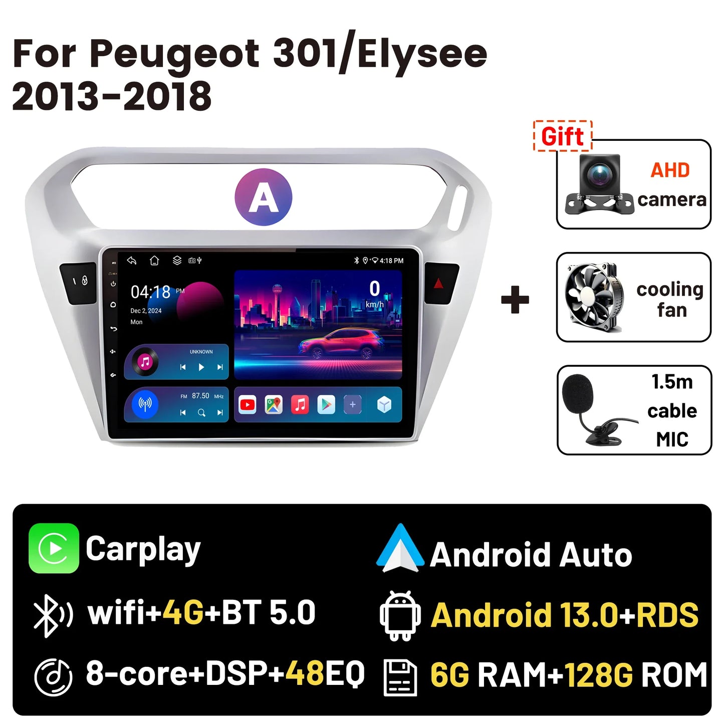 Wireless CarPlay Android Auto Car Bluetooth Radio For Peugeot 301 Citroen Elysee 2013-2018 2Din Android 14 DSP GPS FM Autoradio
