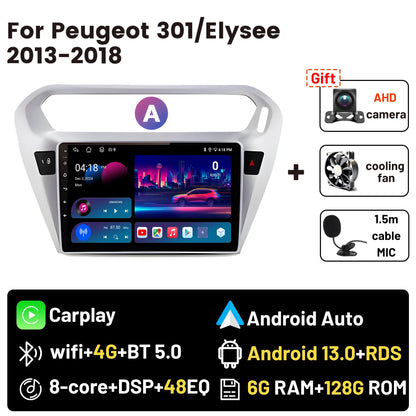 Wireless CarPlay Android Auto Car Bluetooth Radio For Peugeot 301 Citroen Elysee 2013-2018 2Din Android 14 DSP GPS FM Autoradio