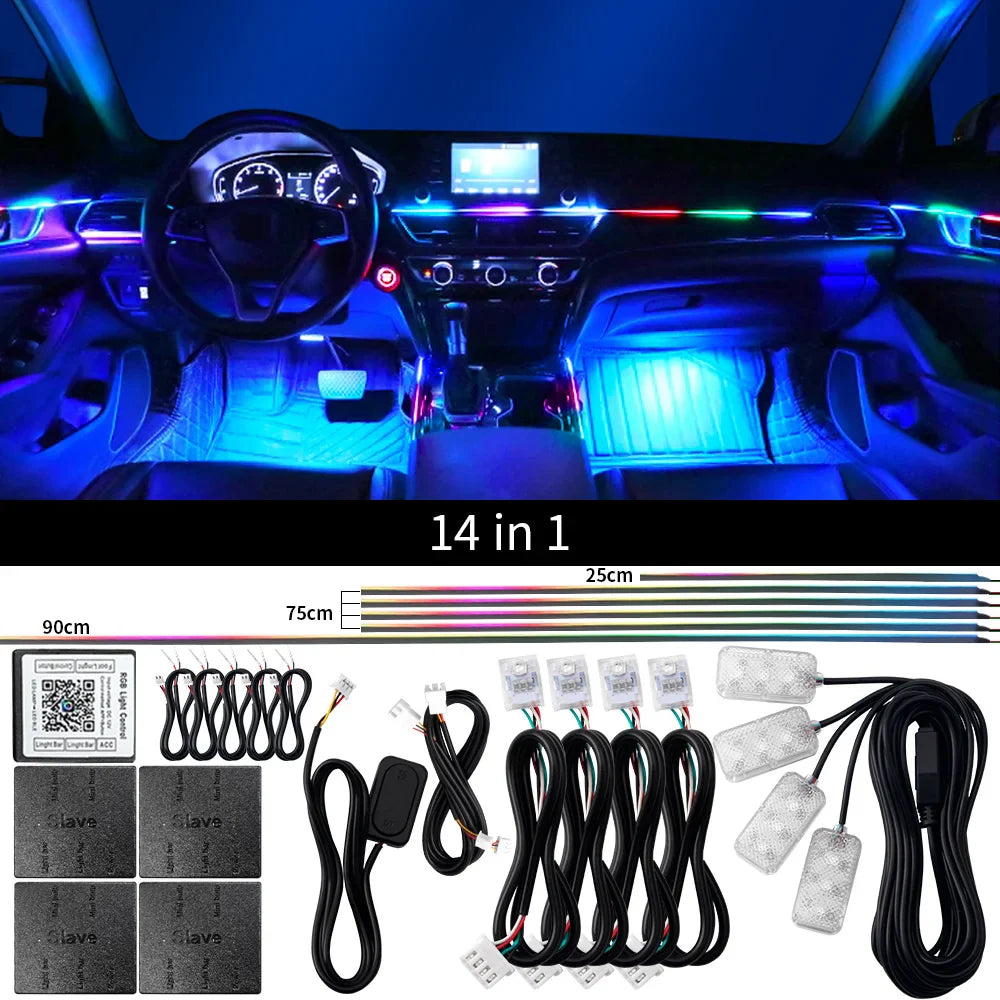 14/18 in 1 Led Car Ambient Lights RGB Symphony 213 Color Rainbow Acrylic Strips Atmosphere Lamp Kit Support One Zone Dual Zone