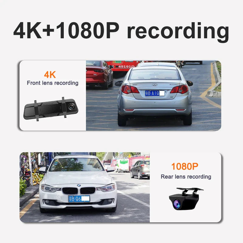 E-ACE 10” 4K Car Dvr Mirror Wireless Carplay & Android Auto Dashcam Video Recorder 1080P Rear View Camera GPS WIFI