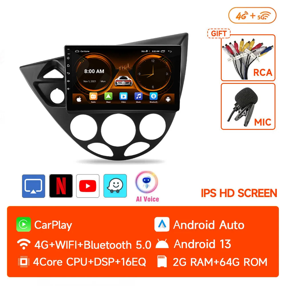 JIUYIN Wireless CarPlay Android Auto Radio for Ford Fiesta 1995-2001 Focus MK1 1998-2004 GPS 2din autoradio