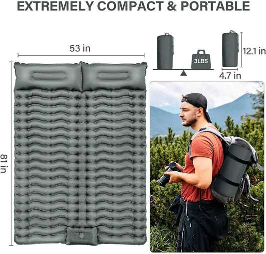 Camping Double Sleeping Mat with Pillow Inflatable Sleeping Mat, Suitable for Backpacking, Hiking, Tenting