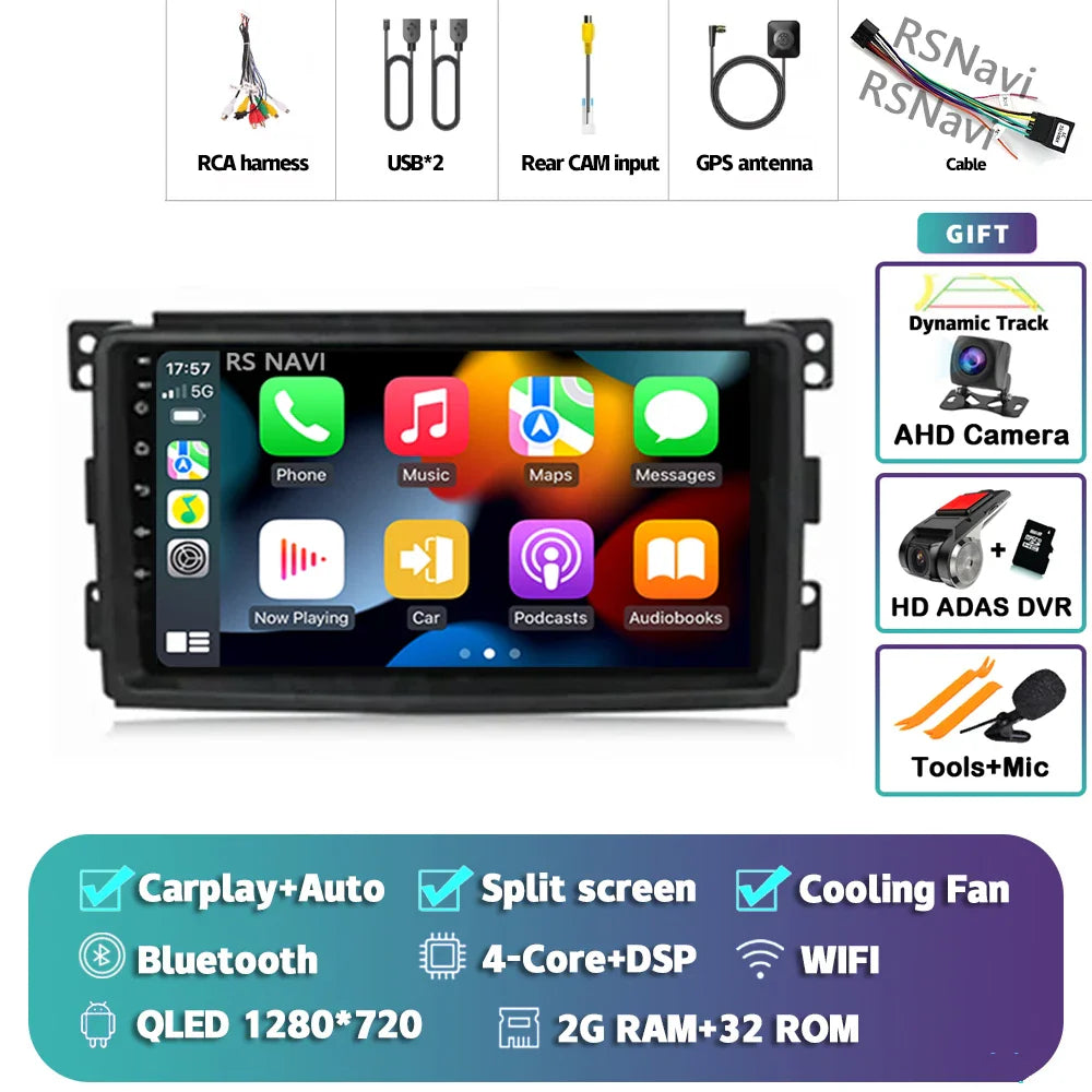 Android 14 Carplay Car Radio Multimedia For Mercedes-Benz Smart Fortwo 451 2005 - 2010 Head Unit GPS Navigation Video DVD Stereo