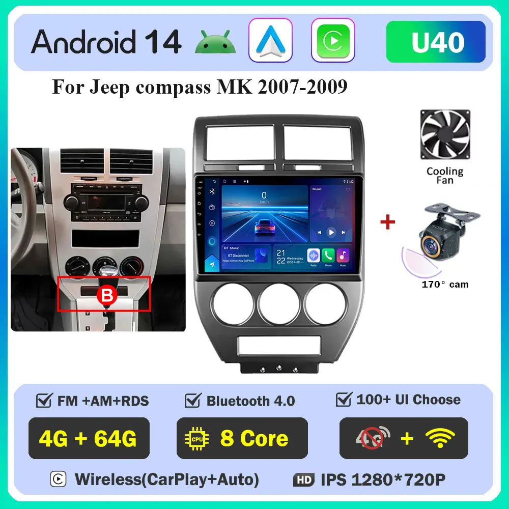 Android 14 Car For Dodge Caliber 2007-2010 For Jeep compass MK 2007-2009 stereo Radio Wireless Carplay Android Auto Radio Stereo