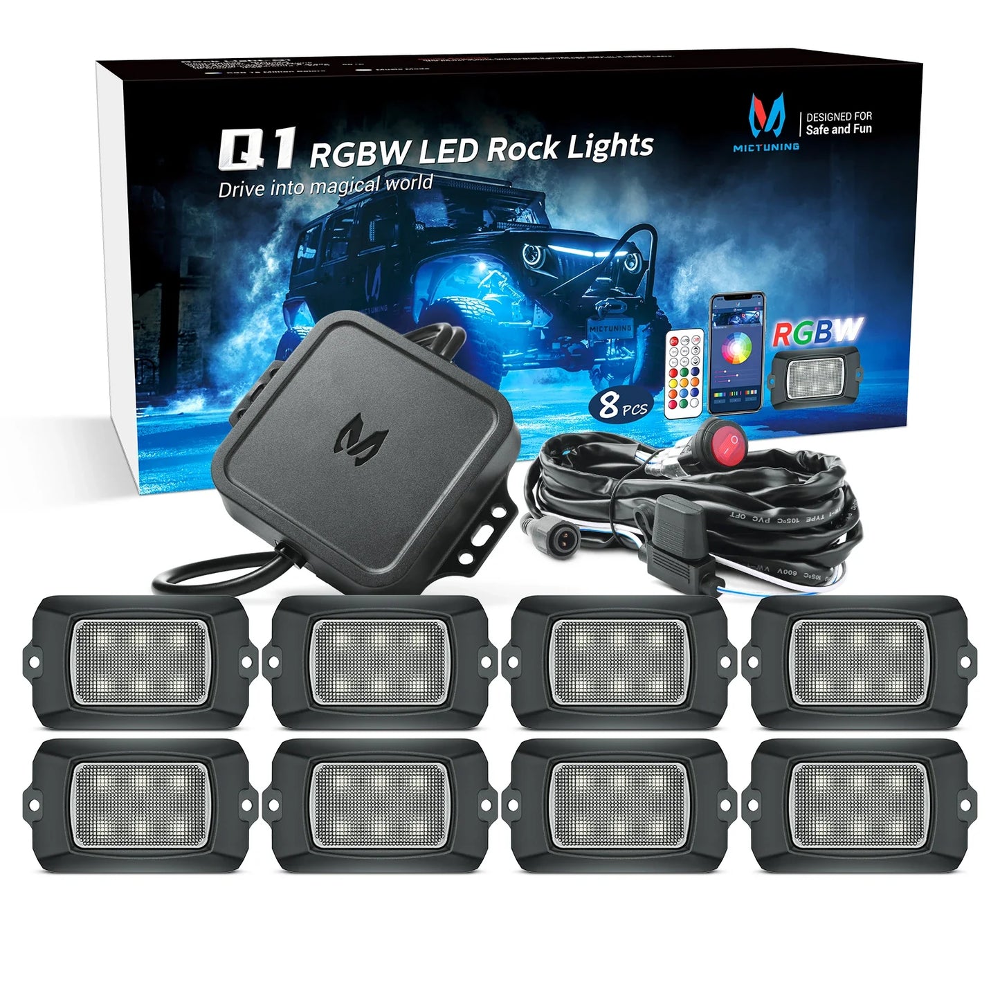 MICTUNING C1 8 Pods RGBW LED Rock Lights Remote Multicolor Underglow Neon Light Kit Wireless App Controller Music Mode